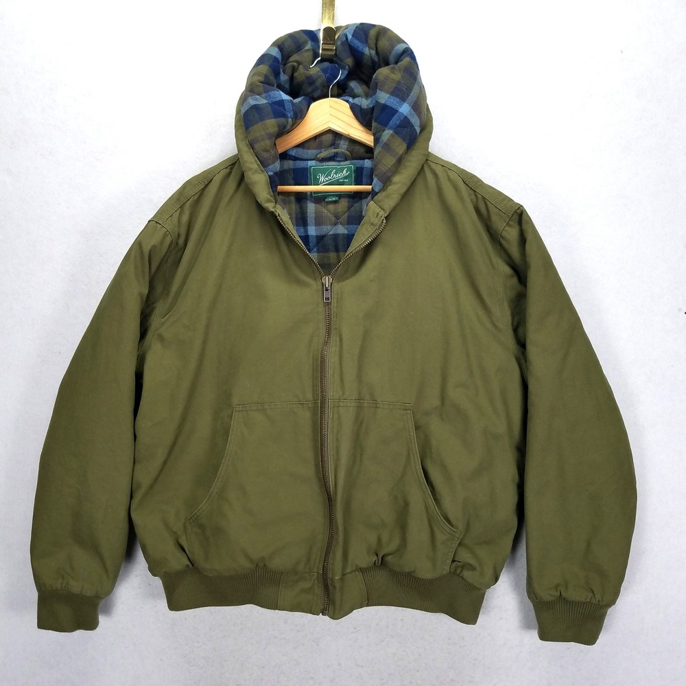Woolrich Green Label Hooded Canvas Work Jacket Mens XL Olive Cotton Plaid Lined